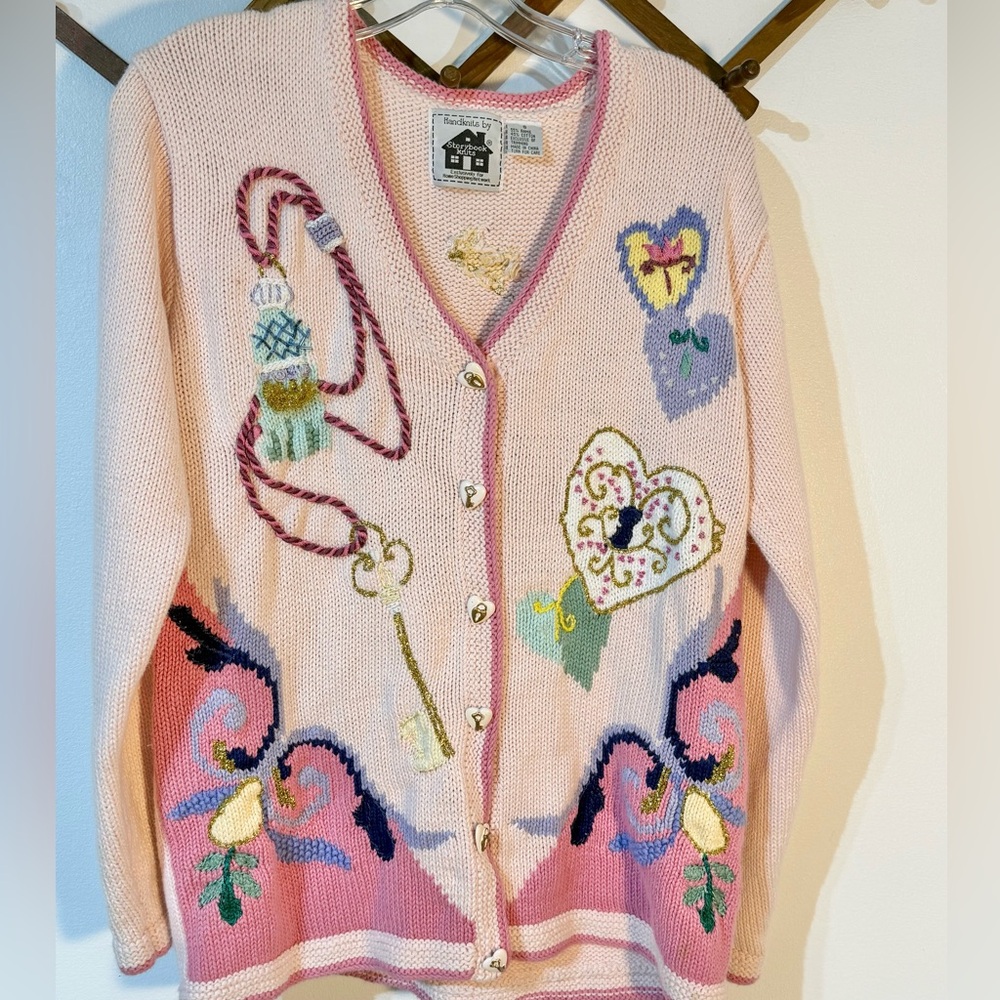 Storybook Knits Key To Love V Neck Cardigan Sweaters small Embroidered Pink